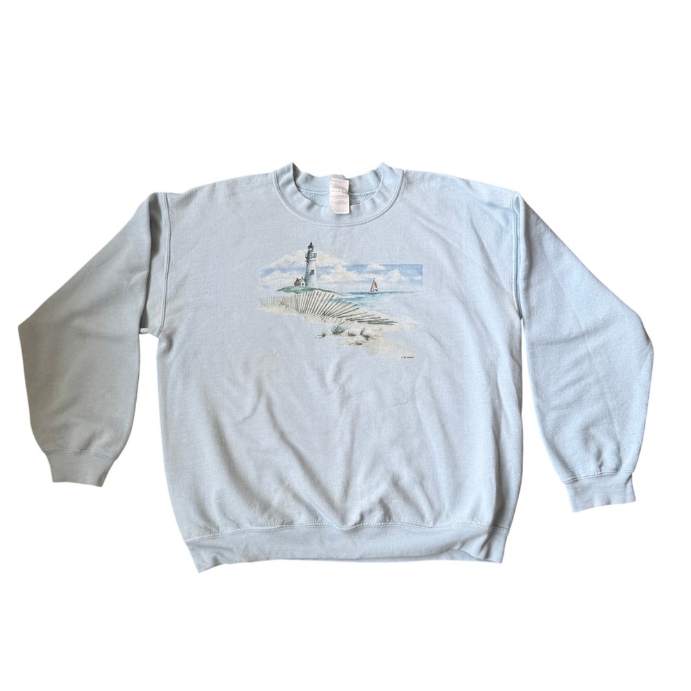 Gildan Heavy‎ Blend Light Blue Lighthouse Coastal Graphic Sweatshirt Large